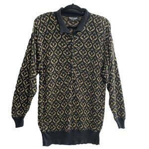 Vtg PIERRE CARDIN Women Pullover Henley Sweater Crew Neck Sz M Black Gold 93-28